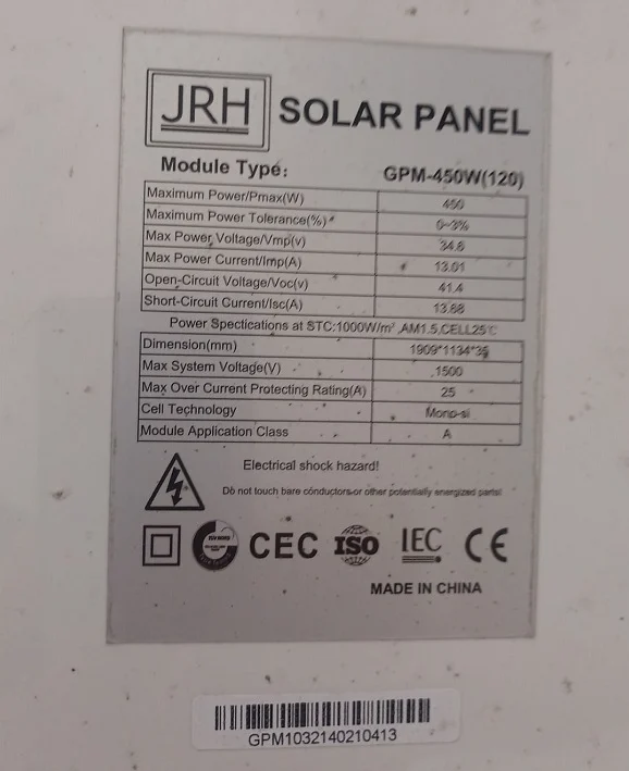 Panou fotovoltaic monocristalin JHR  tip  modul GPM 450 W (120) – fotografia 2 din 2