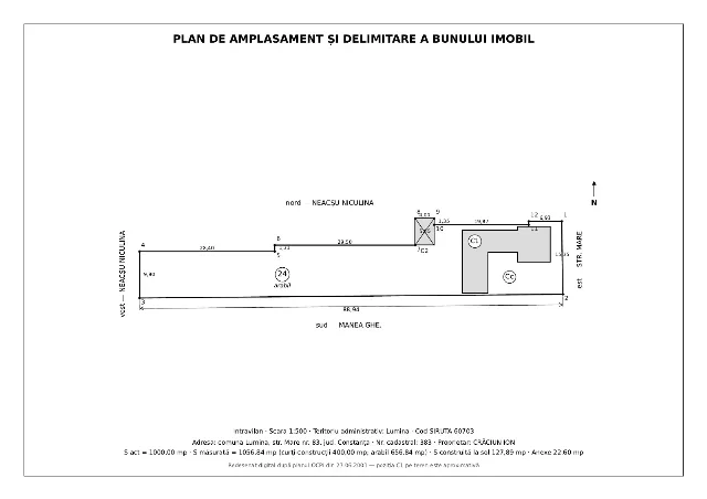 Teren 1.056 Mp Cu Casă Și Spațiu Comercial – Lumina, Strada Mare Nr. 83 – Direct Proprietar  Vând teren cu casă, cu o suprafață totală de 1.056,84 mp (lungime 88,94 m, lățime 15,35 m), situat în lumin – fotografia 1 din 5